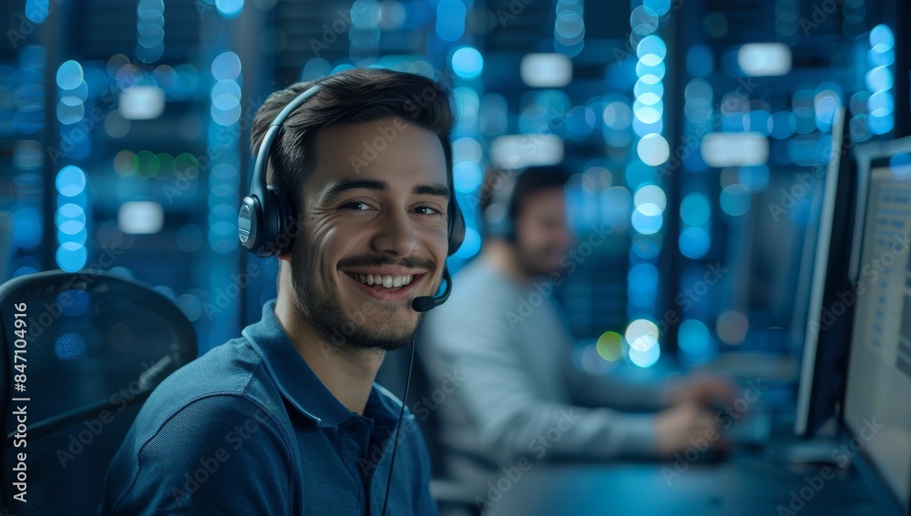 a young smiling man with headset working in call center office, sitting at computer desk and watching to screen while talking on the phone a young smiling man with headset working in call center office, sitting at computer desk and watching to screen while talking on the phone