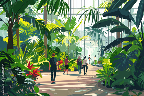 Visitors Strolling Through Lush Botanical Gardens with Diverse Foliage and Greenhouses