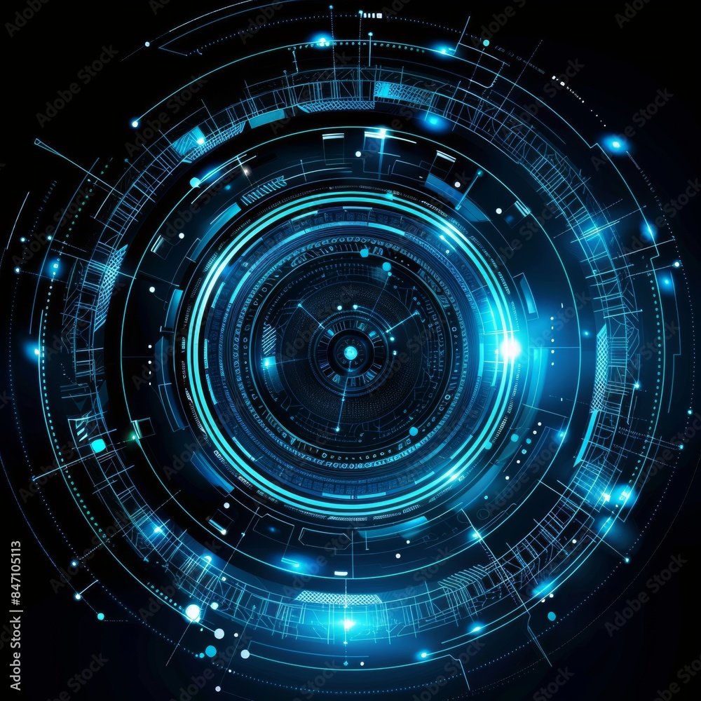 Fototapeta premium Abstract futuristic background with blue glowing elements and circular atmosphere of digital technology and innovation. filled with holographic lines representing data or information flow.