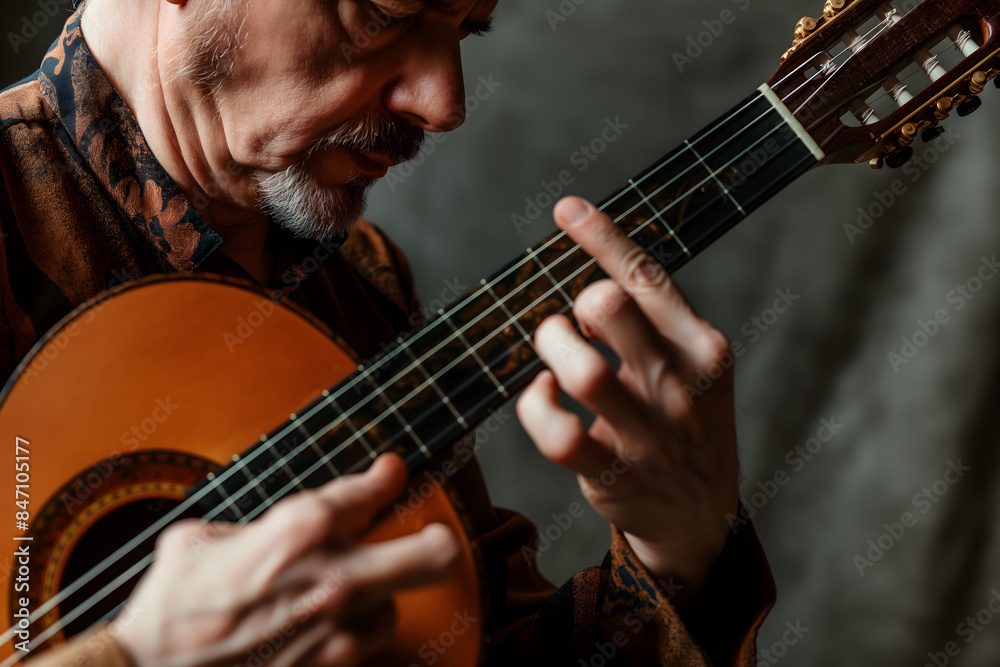 Obraz premium Intimate Moment of a Musician Mastering Guitar Chords