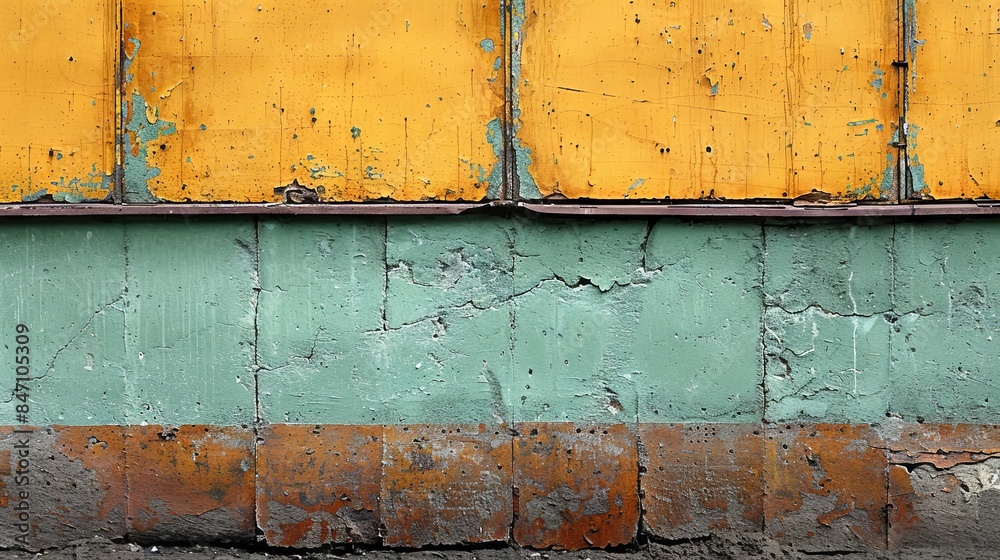 Old brick façade with cracked and peeling green paint creating a vintage and textured effect. Old brick façade with cracked and peeling green paint creating a vintage and textured effect.
