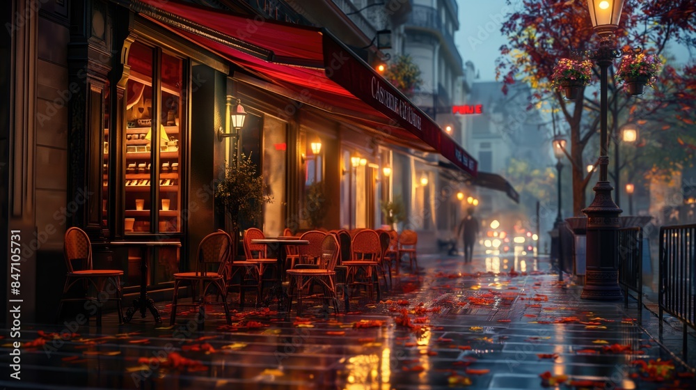 Beautiful Paris night cafe street scene AI generative illustration