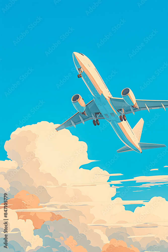 Vertical minimalistic bright flat illustration of a flying airplane against a background of blue sky and clouds, ideal for travel, tourism and airline promotions. Vertical minimalistic bright flat illustration of a flying airplane against a background of blue sky and clouds, ideal for travel, tourism and airline promotions.