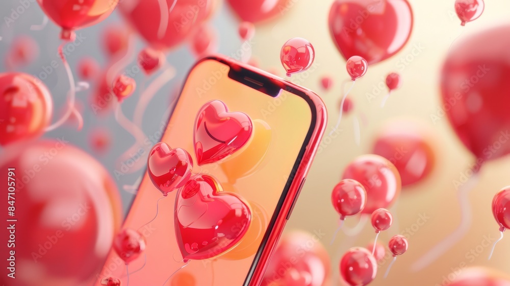 3D concept of a social media platform featuring mobile apps, with heart and love emojis, and red bubble icons for likes and plays. 3D vector render. 3D concept of a social media platform featuring mobile apps, with heart and love emojis, and red bubble icons for likes and plays. 3D vector render.