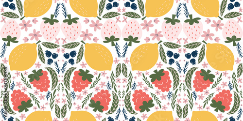 Cheerful seamless pattern featuring illustrations of white strawberries, raspberries, lemons, blackberries, pink flowers, and green leaves, arranged in a playful, diamond-shaped design.