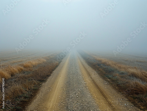 Foggy Dirt Road through Fields