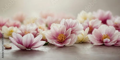 An elegant closeup of pink and white flowers with soft petals and a gentle aesthetic on a neutral background
