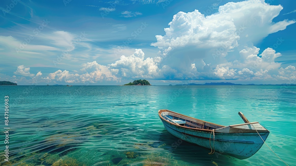 Boat in turquoise ocean water against blue sky with white clouds and tropical island. Natural landscape for summer vacation, panoramic view. Boat in turquoise ocean water against blue sky with white clouds and tropical island. Natural landscape for summer vacation, panoramic view.