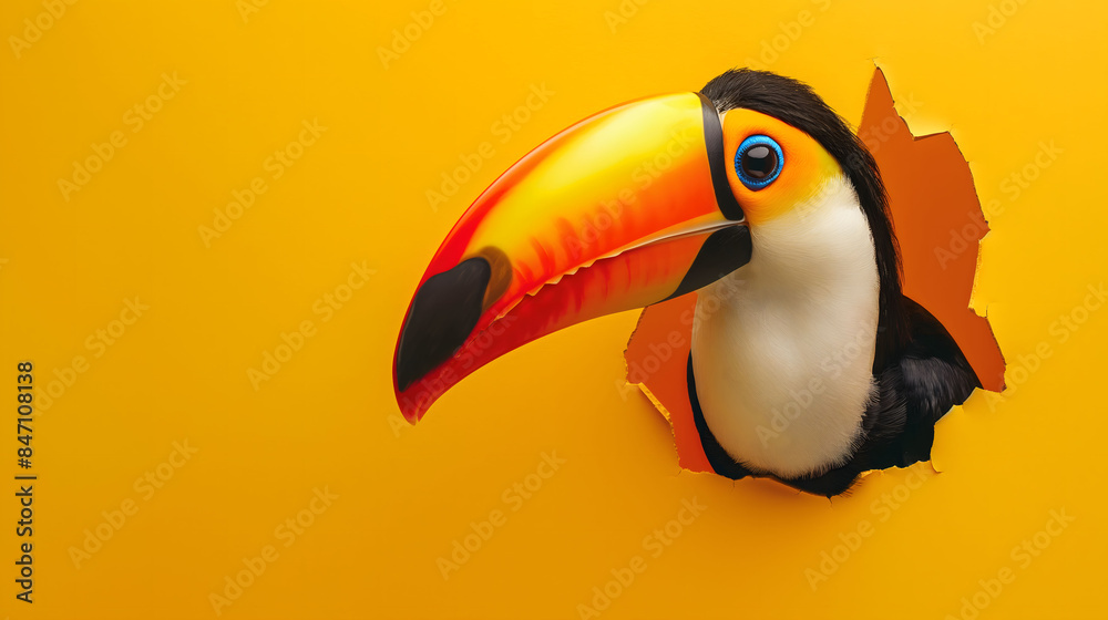 Naklejka premium Vibrant Toucan Peeking Through A Torn Yellow Paper Background
