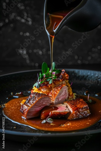 upscale, pricey dishware; dark-black, gourmet supper chef