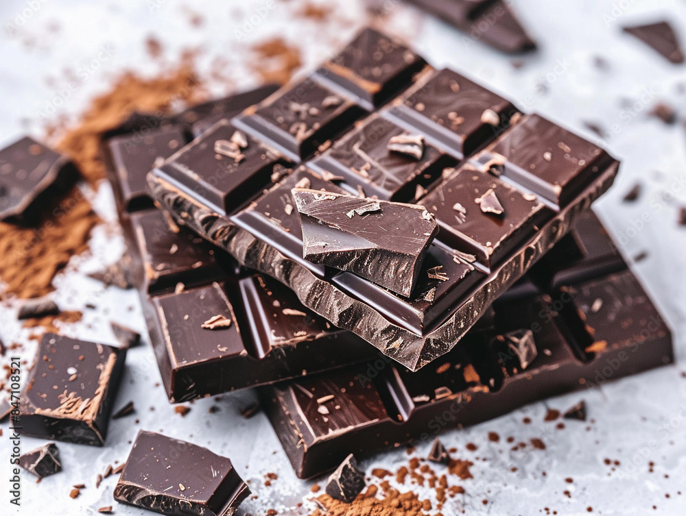 Stack of Dark Chocolate Bars with Cocoa Powder Stack of Dark Chocolate Bars with Cocoa Powder