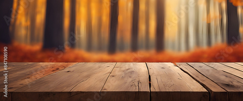 Rustic Wooden Platform in Sunlit Autumn Forest - Generative AI