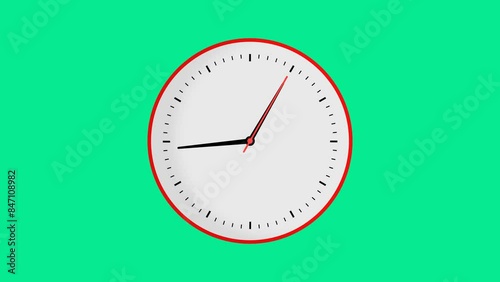 Animated wall clock in 10 second loop. Clock with moving arrows. Time lapse loop. Alpha channel on green background. The red circle makes 4K quality video look more aesthetic