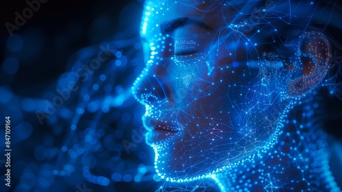 A close-up of a holographic representation of a human face, illustrating a futuristic approach to audiology assessments. photo