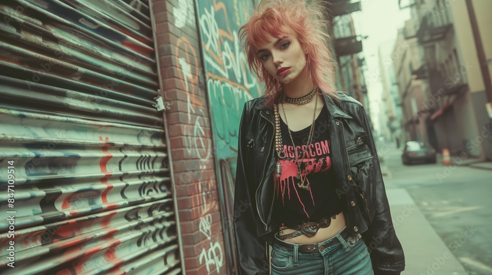 A young woman with pink hair and a punk rock aesthetic poses in a graffiti-covered alleyway A young woman with pink hair and a punk rock aesthetic poses in a graffiti-covered alleyway