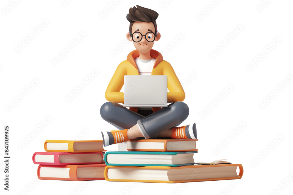 3D illustration of a male student sitting on a stack of books and using laptop. Isolated on transparent background. 3D illustration of a male student sitting on a stack of books and using laptop. Isolated on transparent background.