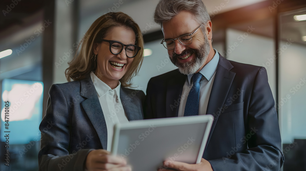 Professional Business Colleagues Using Tablet in Modern Office Setting