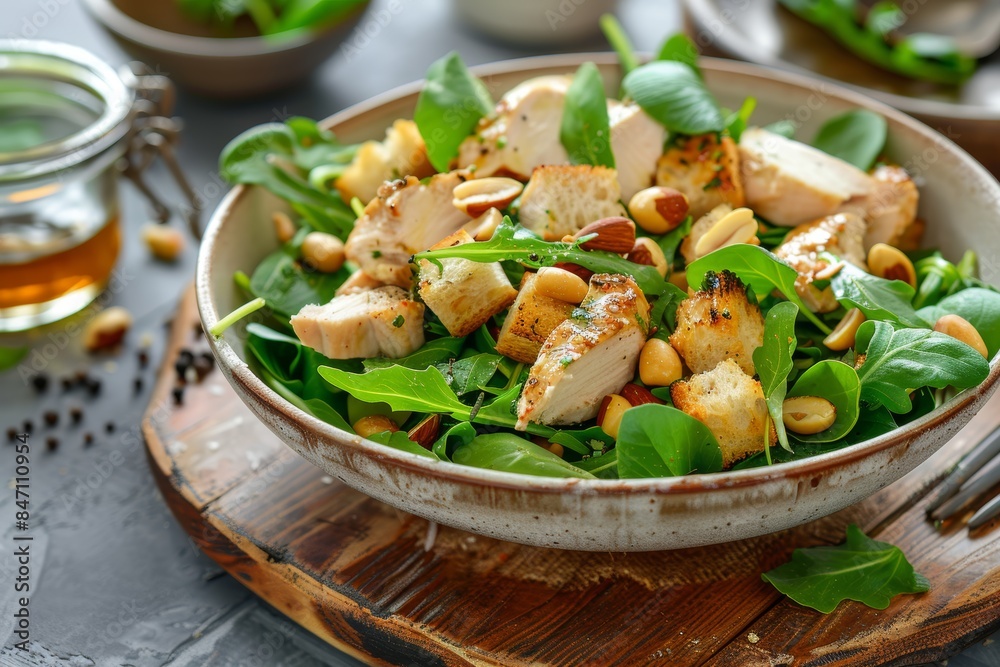 Chicken fillet slices in a dish with spinach and greens Chicken fillet slices in a dish with spinach and greens