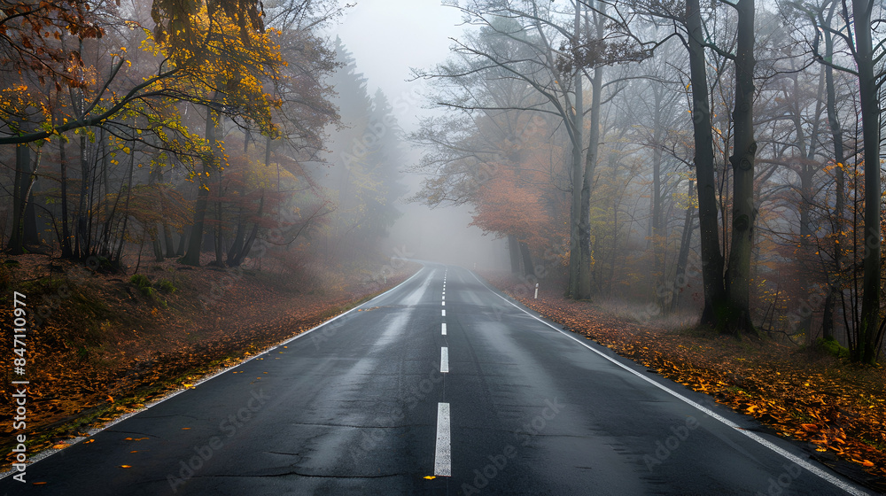 Fototapeta premium Straight road in autumn forest. Nature background