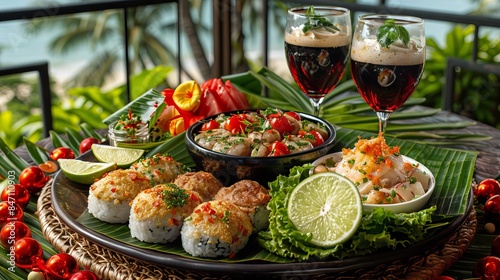 Elegant table setting with a variety of dishes including sushi, salads and drinks. Bright colors of food and greenery against the backdrop of a tropical landscape with palm trees and sea