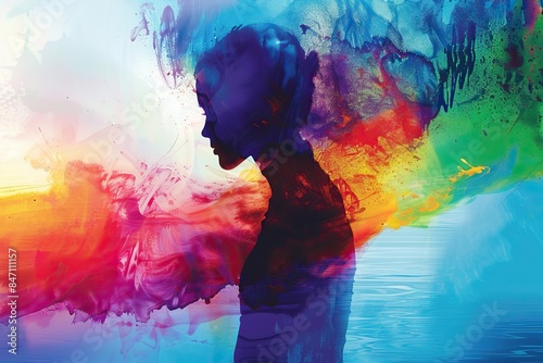Silhouette of a person with vibrant, abstract colors symbolizing emotions, thoughts