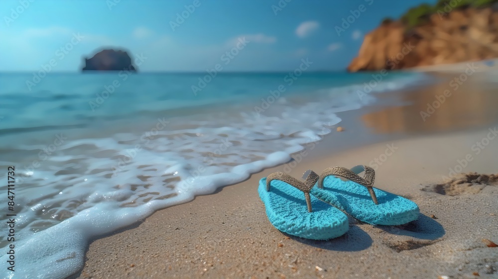 Obraz premium A pair of blue flip flops are laying on the beach