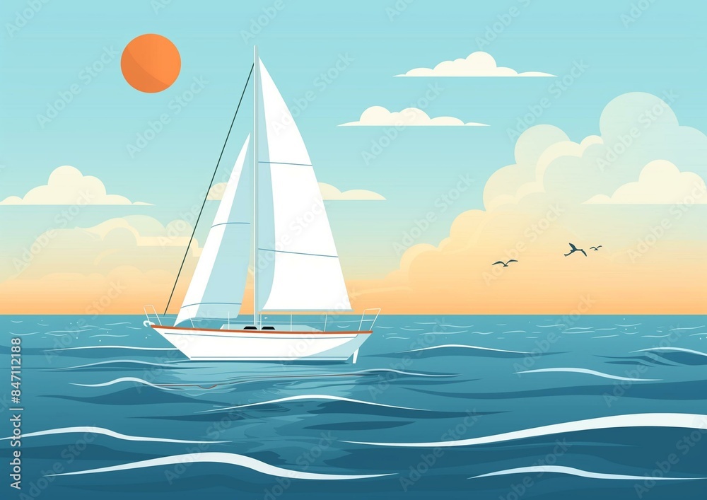 Fototapeta premium Serene Sunrise Sailing Adventure with a Yacht on Calm Waters