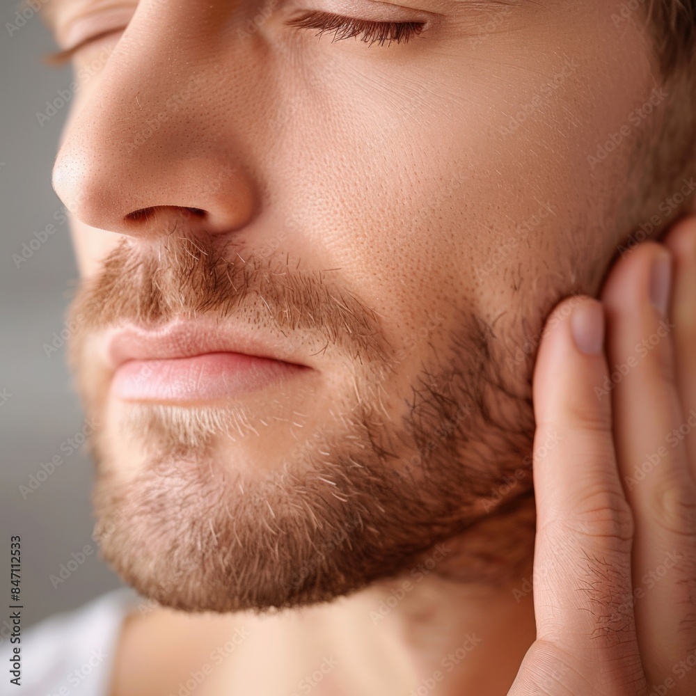 Man Experiencing Toothache, Pressing His Cheek in Pain