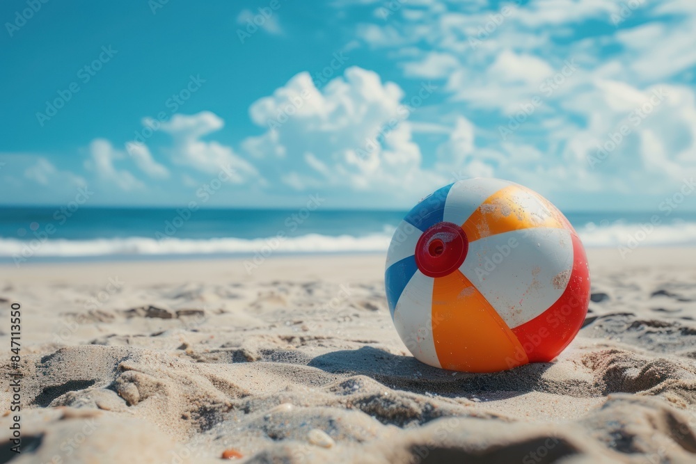 Obraz premium Vibrant beach ball sits on the sand with the ocean's waves in the background