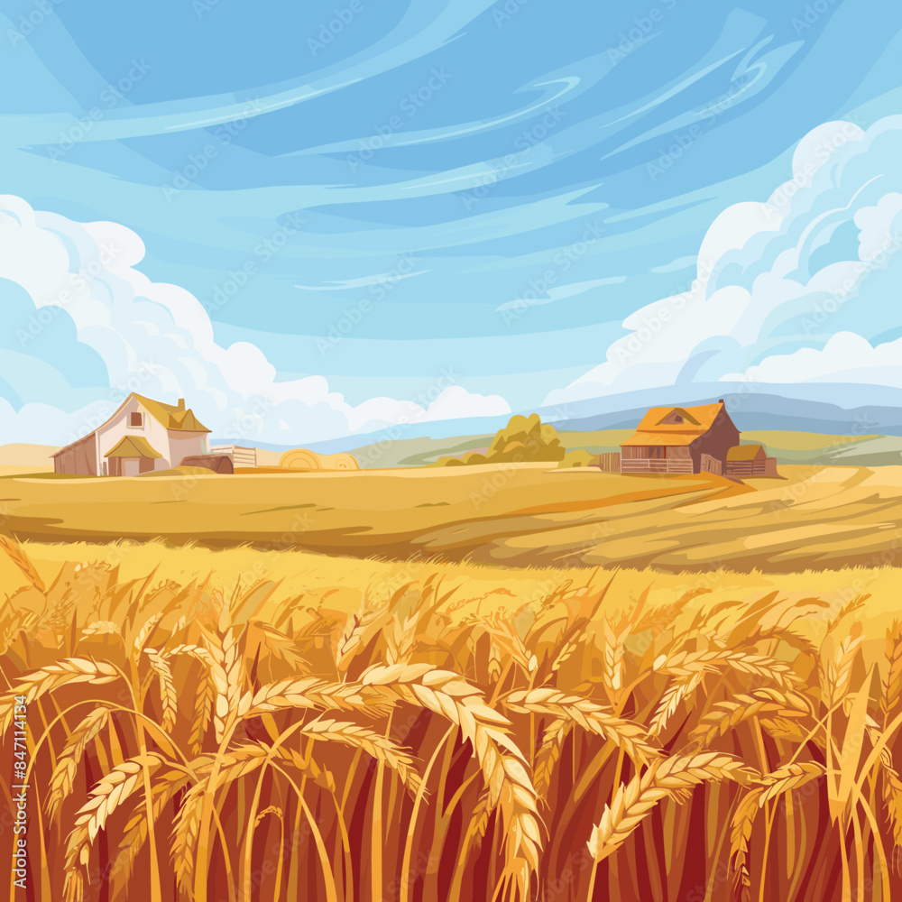 Golden wheat field ripe harvest rural farmland under blue sky. Farmhouses barns haystacks countryside landscape illustration. Sunny day agriculture farming scene golden wheat ears