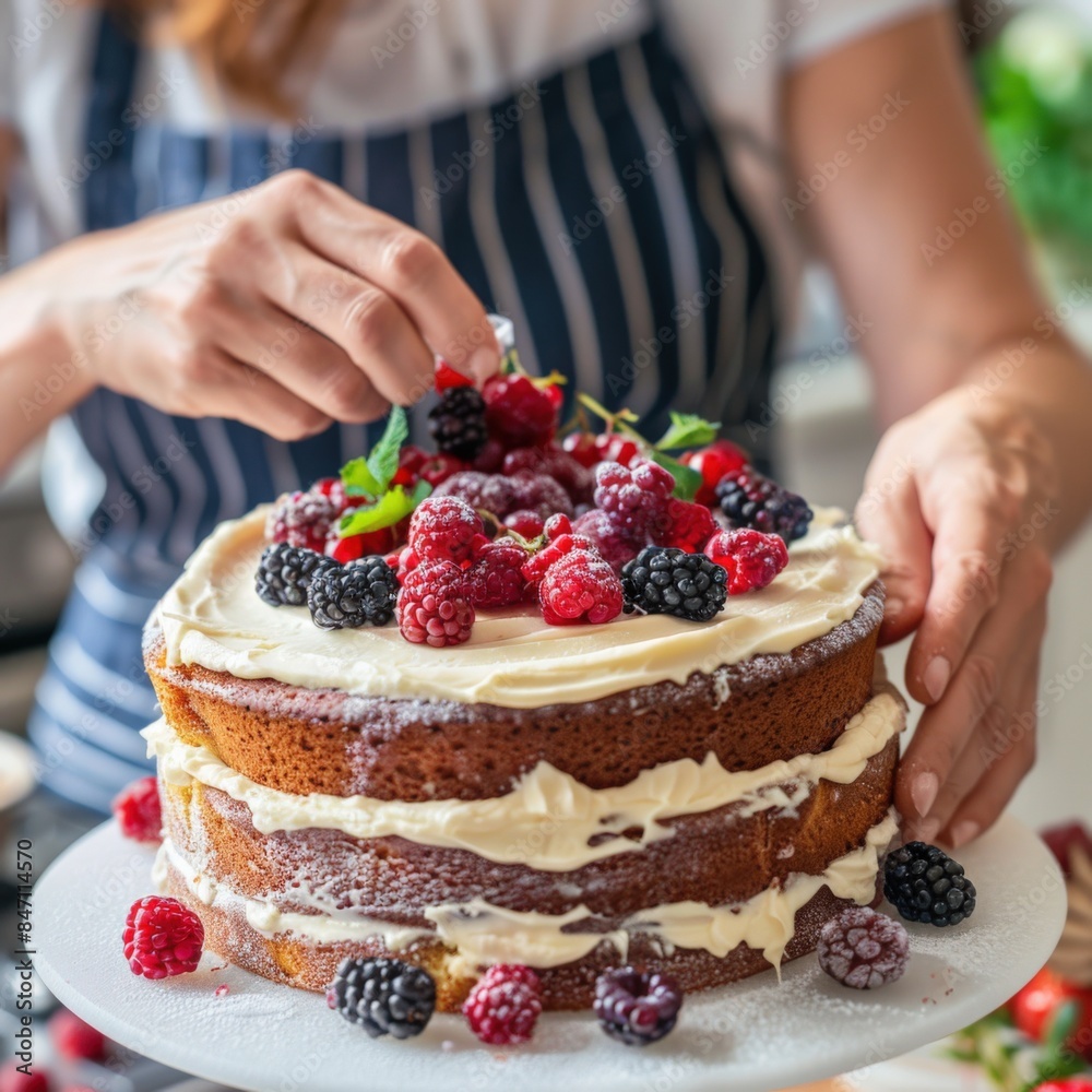 Adding Final Touches to a Layered Cake with Berries Adding Final Touches to a Layered Cake with Berries