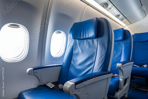 Empty blue airplane seats with overhead lights and windows