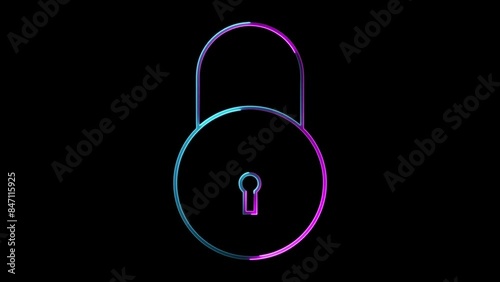 Abstract neon shine lock icon animation with black background. photo