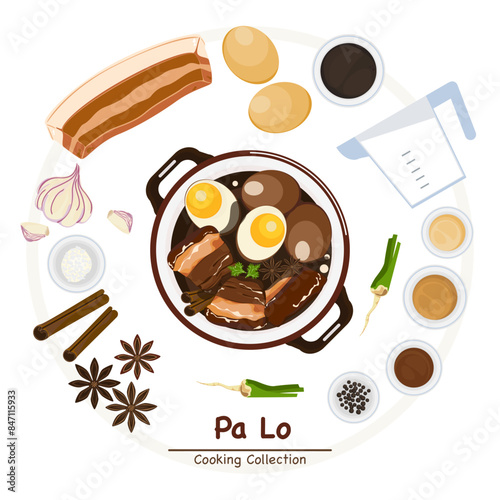 Set of vector banner illustrations with flat letters, delicious food.Thai food, stewed eggs in a cup, top view cooking, recipes, menus, restaurants for food design, posters, and backgrounds.