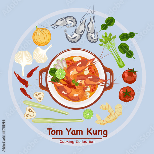 Set of vector banner illustrations with flat letters, delicious food.Thai food, spicy shrimp soup in a cup, top view cooking, recipes, menus, restaurants for food design, posters, and backgrounds.