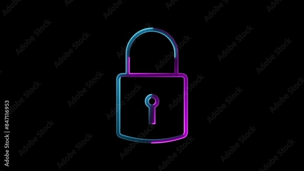 Abstract neon shine lock icon animation with black background. Abstract neon shine lock icon animation with black background.