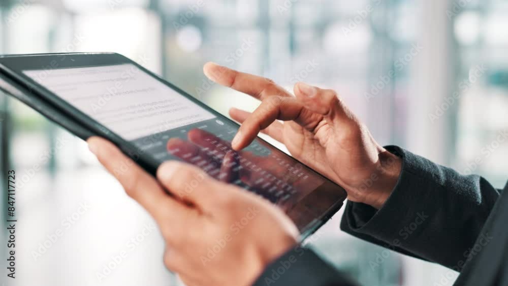 Person, hands and browsing with tablet screen for stock market, trading or investing at office. Closeup of employee, trader or broker scrolling on website for corporate growth or finance at workplace Person, hands and browsing with tablet screen for stock market, trading or investing at office. Closeup of employee, trader or broker scrolling on website for corporate growth or finance at workplace