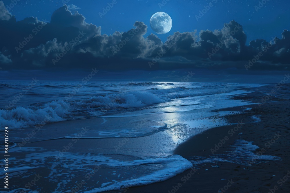 Tranquil and serene moonlit seashore at night with the full moon reflecting over the ocean waves, creating a peaceful and tranquil scene on the sandy shore Tranquil and serene moonlit seashore at night with the full moon reflecting over the ocean waves, creating a peaceful and tranquil scene on the sandy shore