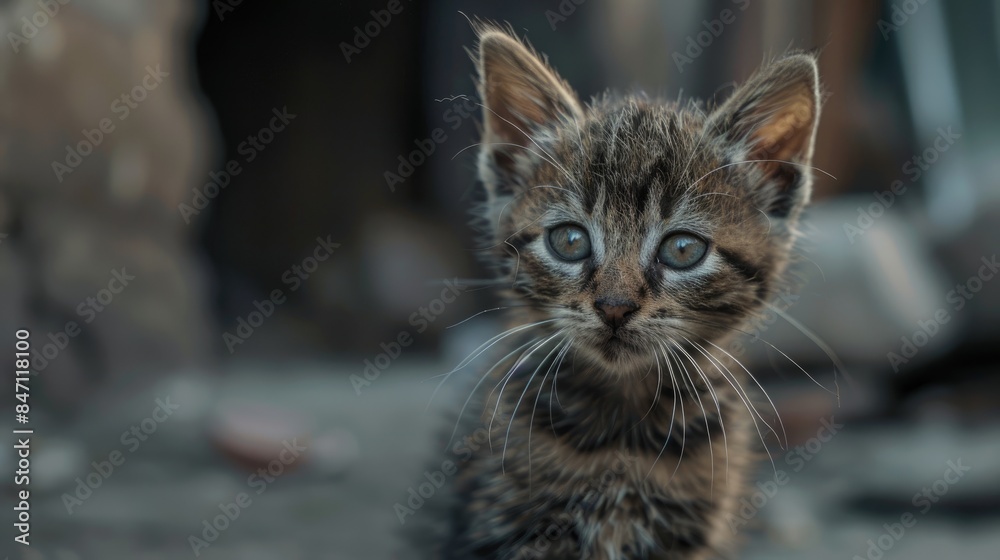 A sad homeless kitten staring directly at the camera A sad homeless kitten staring directly at the camera