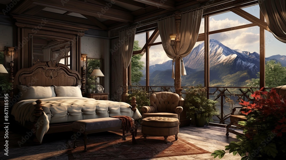 Fototapeta premium Star Mountain View Suite Interior Reference. AI generated art illustration.