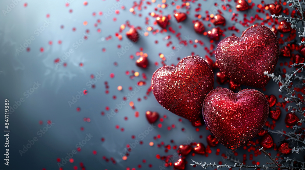 wide horizontal valentine’s day background image of maroon color shiny 3D heart shapes on a white background with empty space for texts wide horizontal valentine’s day background image of maroon color shiny 3D heart shapes on a white background with empty space for texts