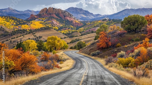 Deserted road winding through colorful autumn mountains, autumn, deserted, road, travel, USA, mountains, foliage, peaceful, scenic, landscape, remote, journey, adventure, exploration