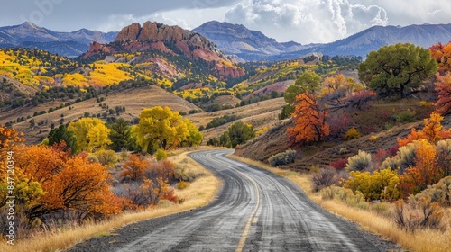 Deserted road winding through colorful autumn mountains, autumn, deserted, road, travel, USA, mountains, foliage, peaceful, scenic, landscape, remote, journey, adventure, exploration © sania