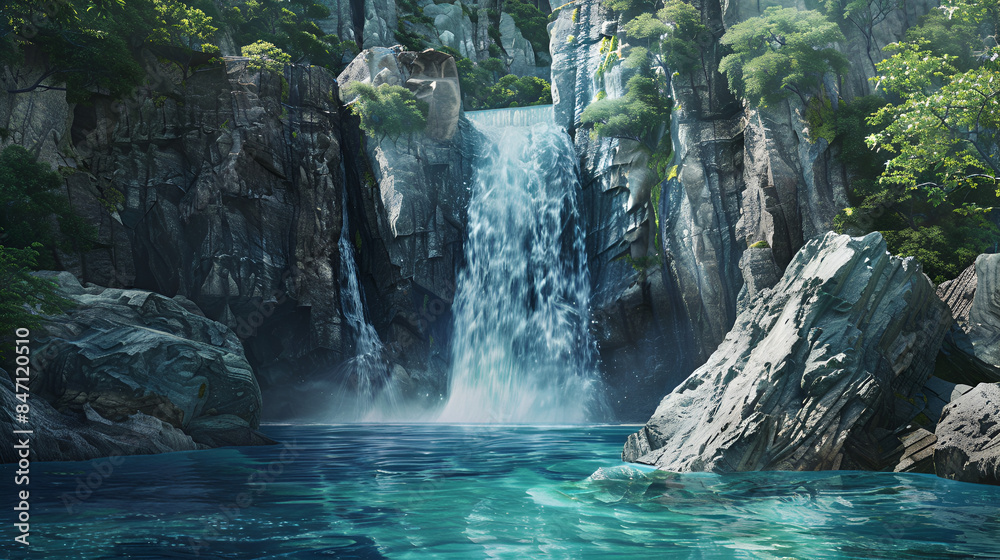 Naklejka premium Backdrop featuring a majestic waterfall cascading down rocky cliffs into a tranquil pool below
