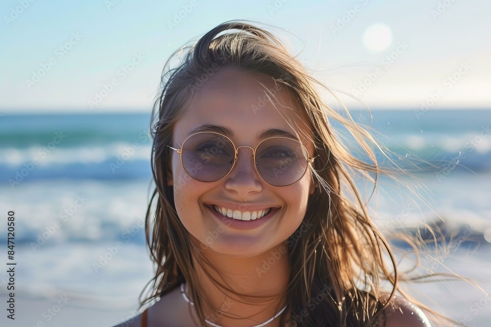 Close up of a joyful woman enjoying the sun at the beach, wearing stylish sunglasses Close up of a joyful woman enjoying the sun at the beach, wearing stylish sunglasses
