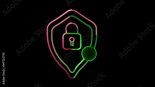 Abstract neon shine lock icon animation with black background. photo