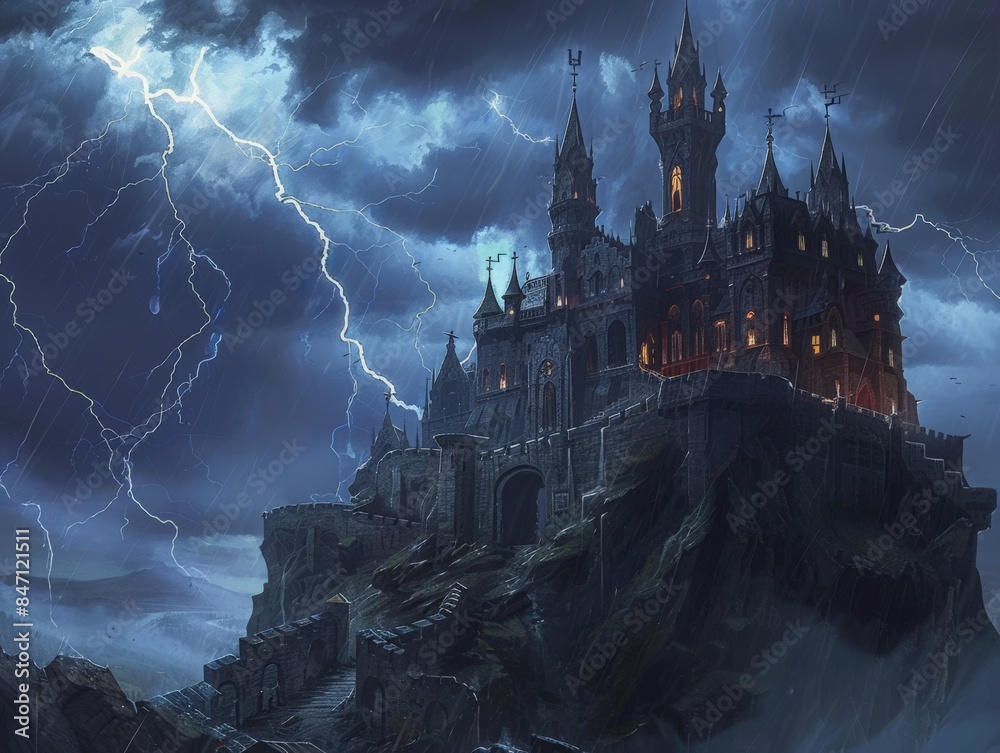 Dark castle perched on a jagged cliff under a stormy sky, lightning illuminating its spires and turrets, with ominous shadows lurking in the windows, evoking a sense of foreboding Dark castle perched on a jagged cliff under a stormy sky, lightning illuminating its spires and turrets, with ominous shadows lurking in the windows, evoking a sense of foreboding