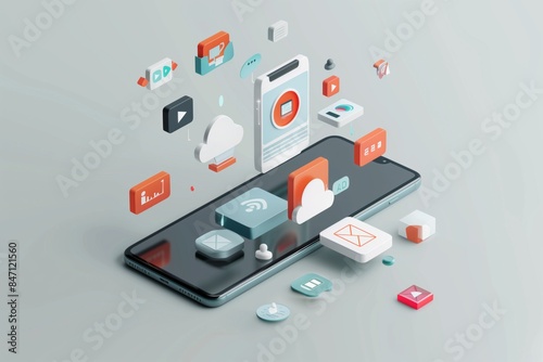 Mobile Phone with Floating Icons of Artificial Intelligence, Video, and Data on Light Grey Background Representing AI in Marketing for Virtual Events and Digital Transformation