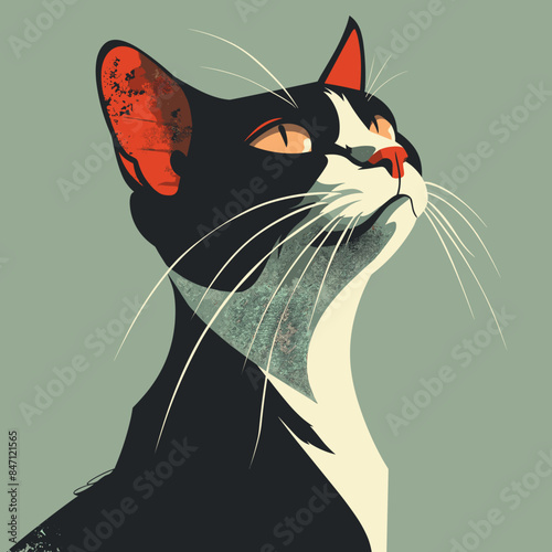 Black white cat illustration looking up, striking orange ears against pale green background. Domestic feline portrayed stylized art whiskers, intense gaze, alert pose featured. Elegant pet cat