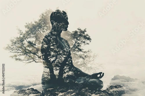 Double exposure of a meditating figure filled with serene natural scenes, representing inner peace and the tranquility of mindfulness 